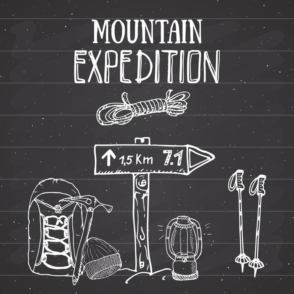 Mountain expedition vintage set. Hand drawn sketch elements for retro badge emblem, outdoor hiking adventure and mountains exploring label design, Extreme sports, vector illustration.