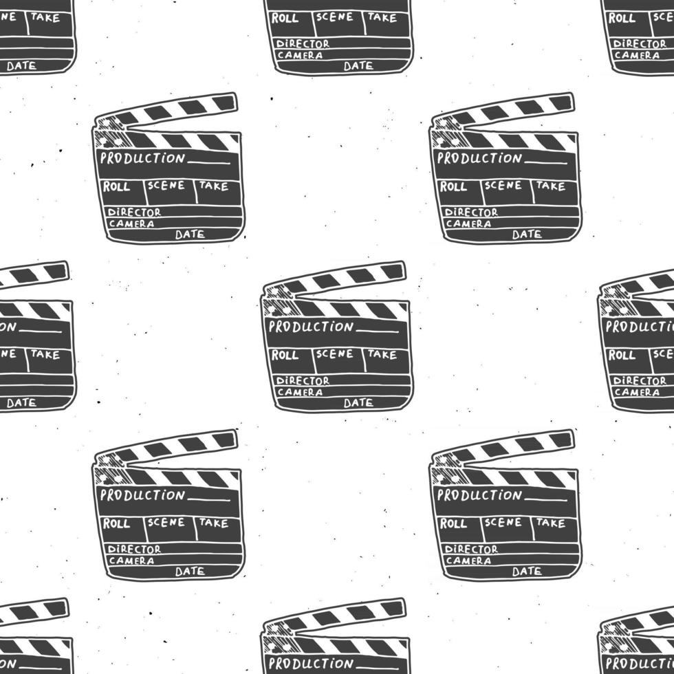 Clapperboard seamless pattern, vintage handdrawn sketch, retro movie industry, vector illustration