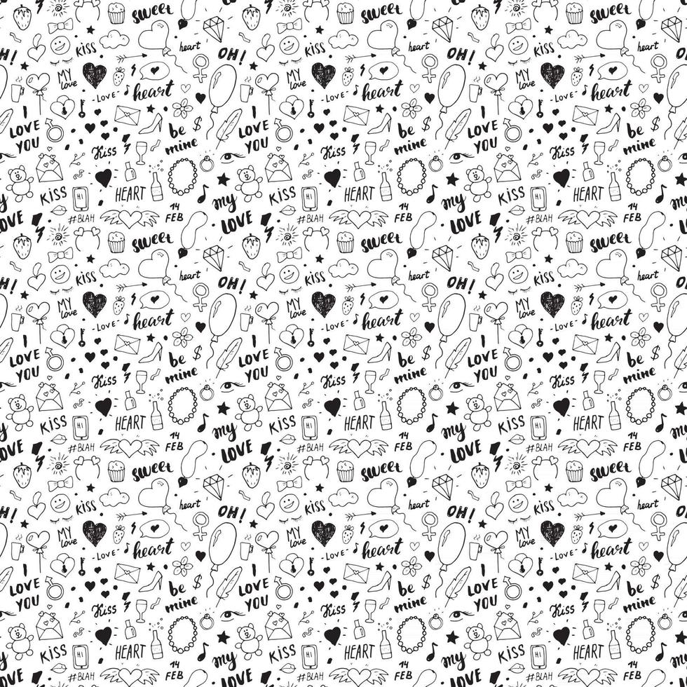 Love and Valentine Day seamless pattern vector illustration. Hand drawn sketched doodle romantic symbols background