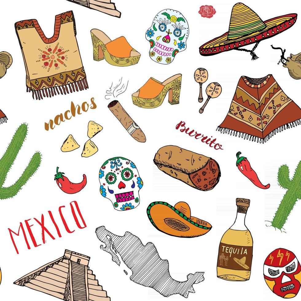 Mexico seamless pattern doodle elements, Hand drawn sketch mexican traditional sombrero hat, poncho, cactus and tequila bottle, map of mexico, skull, music instruments. vector illustration background.