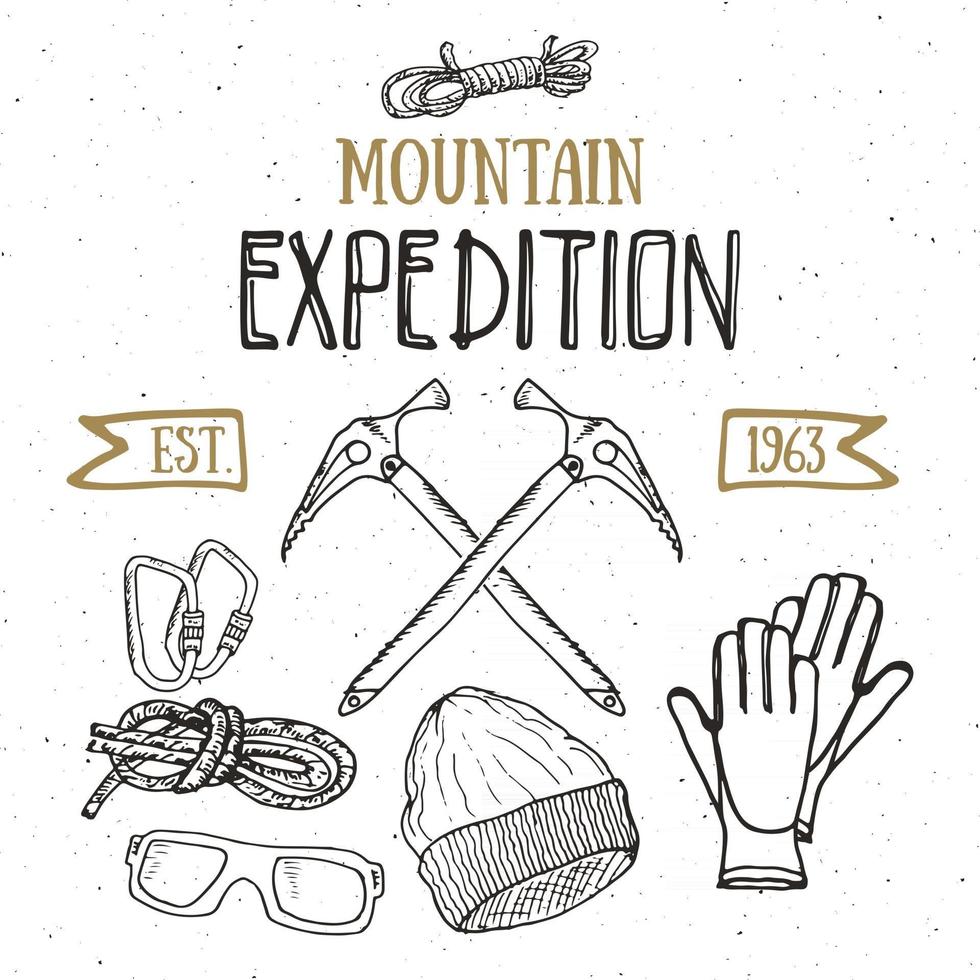 Mountain expedition vintage set. Hand drawn sketch elements for retro badge emblem, outdoor hiking adventure and mountains exploring label design, Extreme sports, vector illustration.