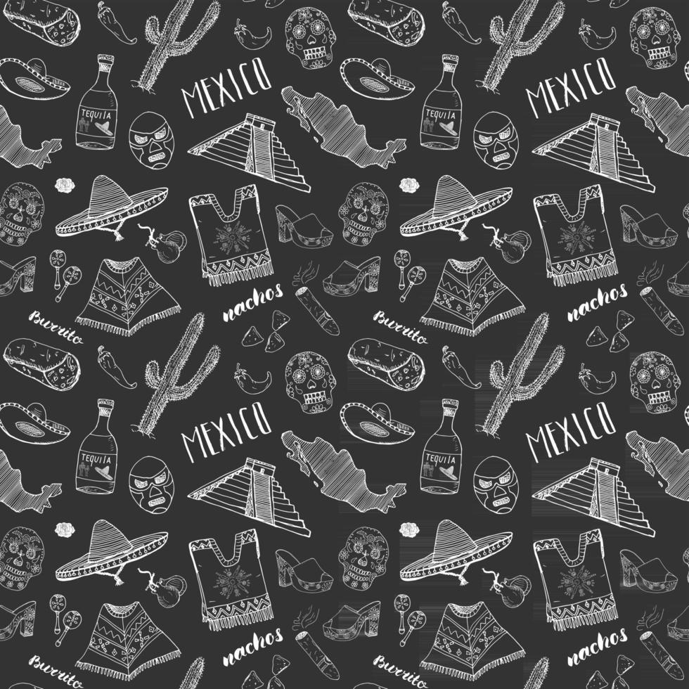 Mexico seamless pattern doodle elements, Hand drawn sketch mexican traditional sombrero hat, poncho, cactus and tequila bottle, map of mexico, skull, music instruments. vector illustration background.
