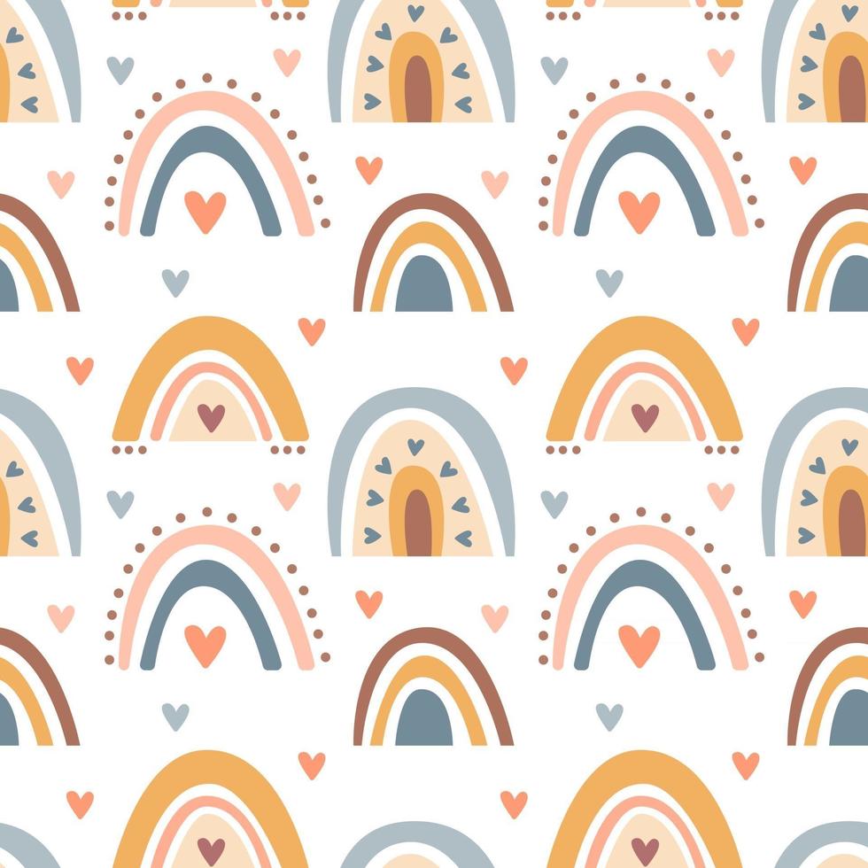 Hand drawn  seamless pattern of  cute boho rainbows pastel color isolated on white background. Vector flat illustration. Design for baby textile, wallpaper, wrapping, backdrop