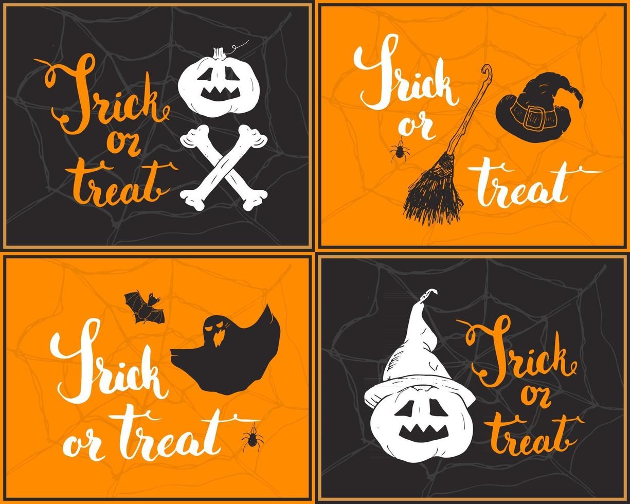 Halloween greeting cards set. Lettering calligraphy sign and hand drawn elements, party invitation or holiday banner design vector illustration