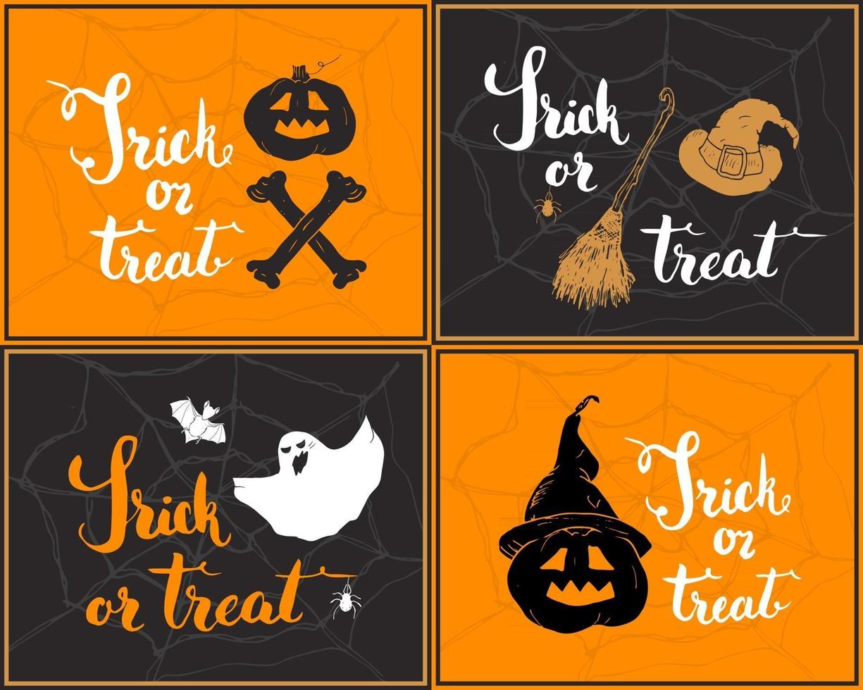 Halloween greeting cards set. Lettering calligraphy sign and hand drawn elements, party invitation or holiday banner design vector illustration