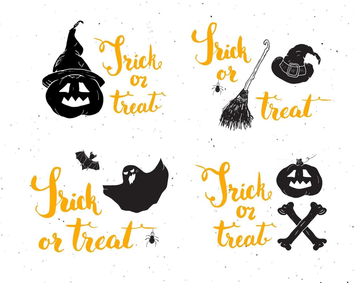 Conjunto de tarjetas de felicitación de Halloween. Letrero de caligrafía de letras y elementos dibujados a mano, invitación a una fiesta o diseño de banner de vacaciones ilustración vectorial vector