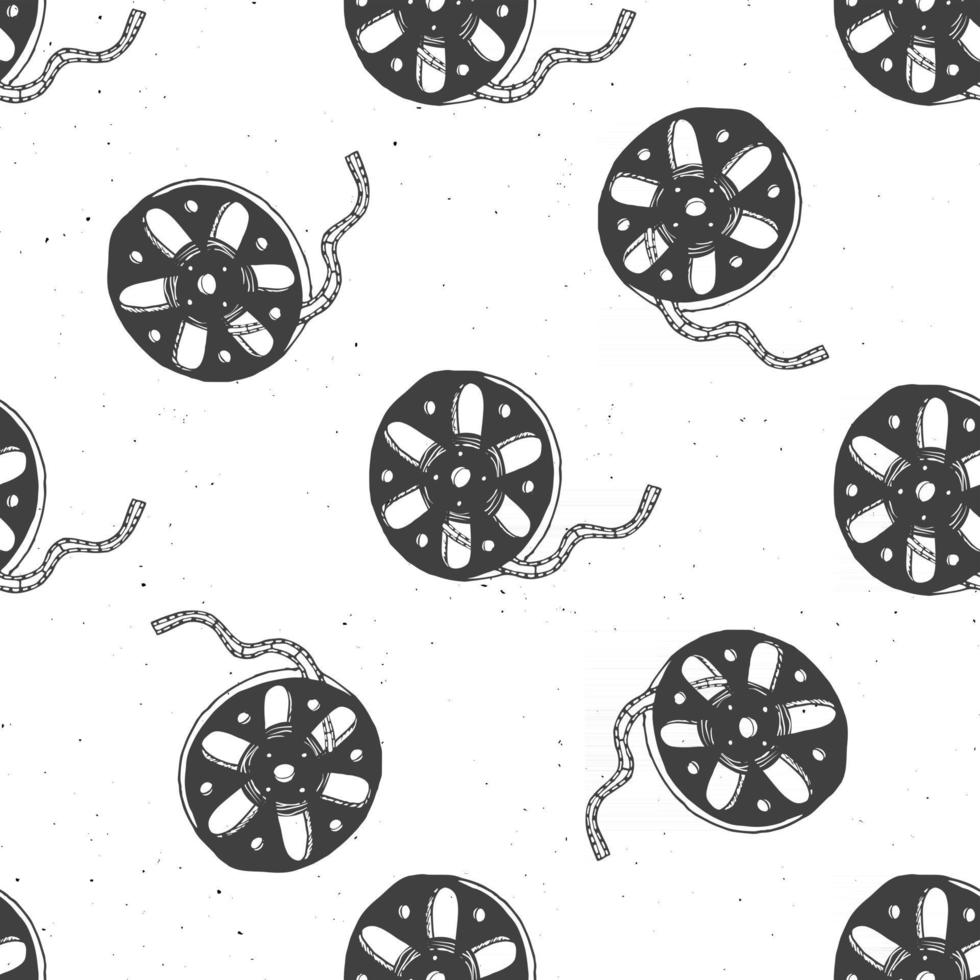 Cinema tape and film reel vintage seamless pattern, handdrawn sketch, retro movie and film industry, vector illustration