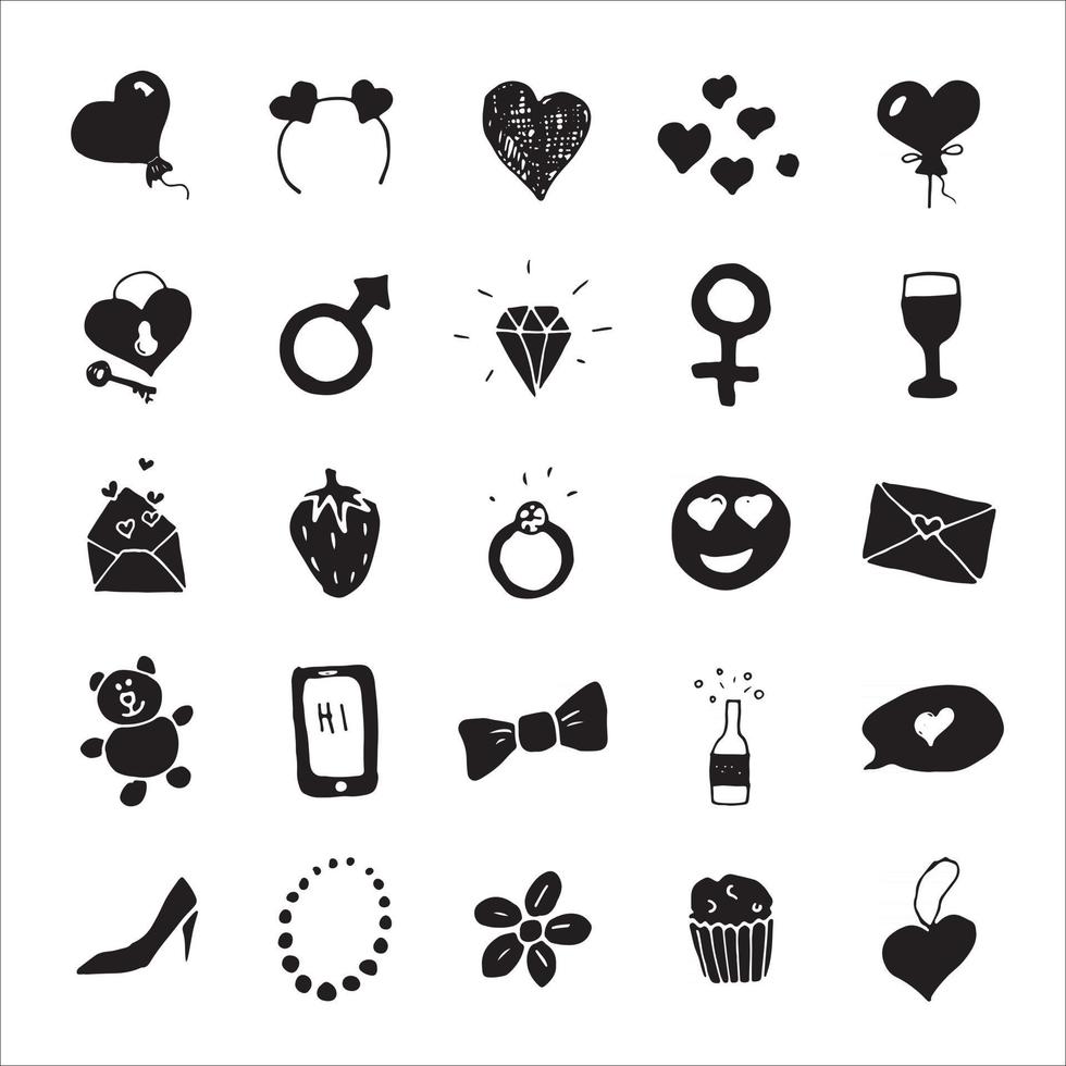 Love and valentine doodle Icons, hand drawn signs set, vector illustration