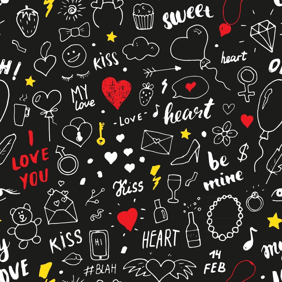 amor y día de San Valentín de patrones sin fisuras ilustración vectorial. dibujado a mano bosquejado doodle símbolos románticos fondo vector