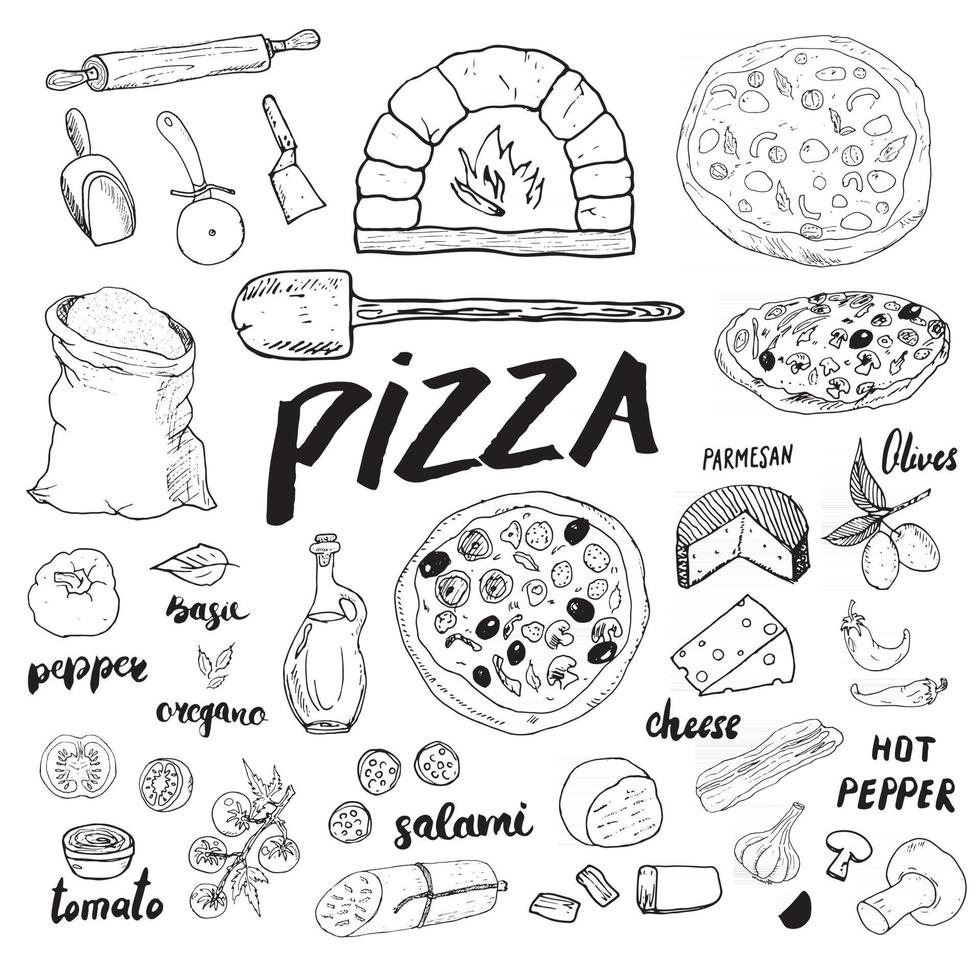 Pizza menu hand drawn sketch set. Pizza preparation design template with cheese, olives, salami, mushrooms, tomatoes, flour and other ingredients. vector illustration isolated on white background