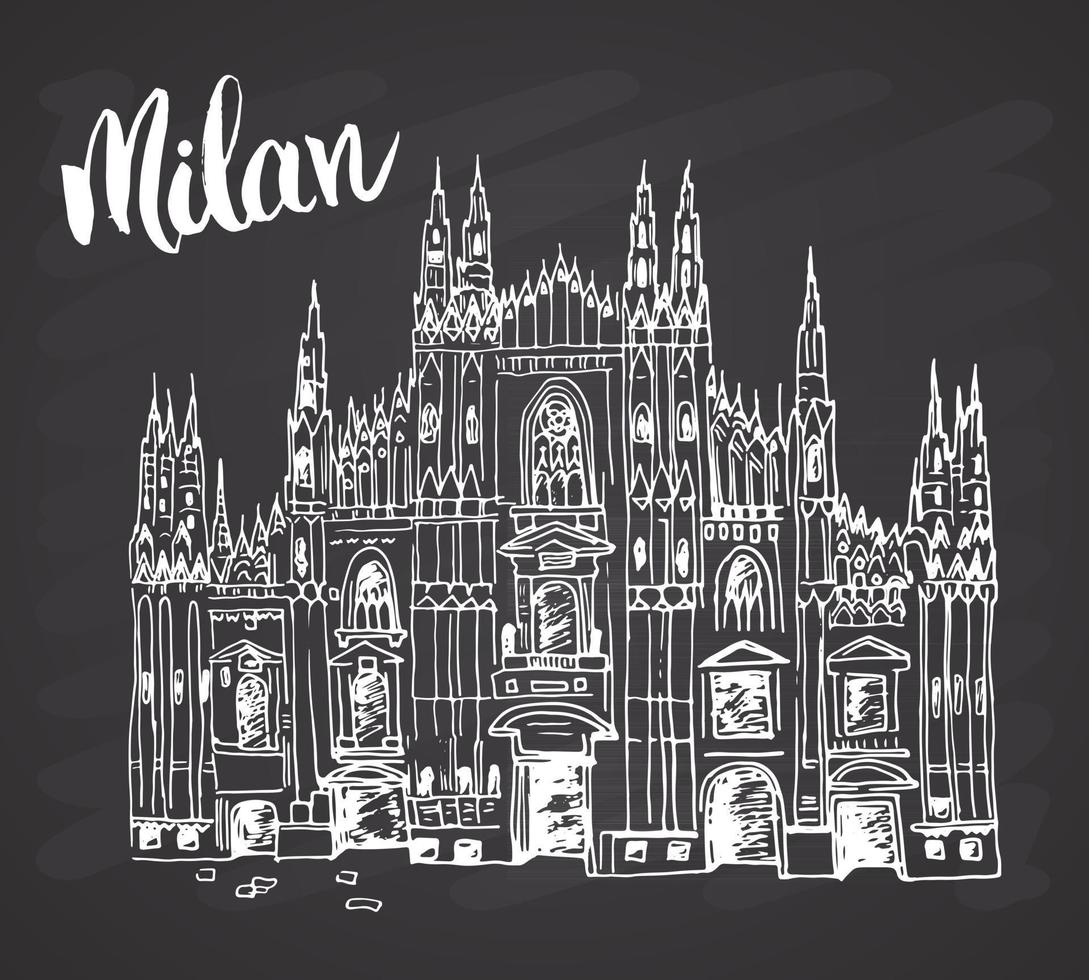 Duomo cathedral in Milan, Italy. Hand drawn sketch of Italian famous church building with lettering Milan, vector illustration isolated on white background.