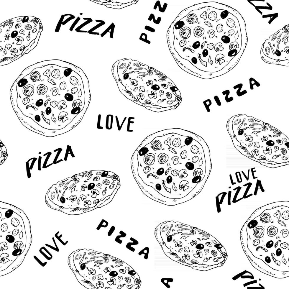 Pizza seamless pattern hand drawn sketch. Whole pizza and slice doodles Food background. Vector illustration