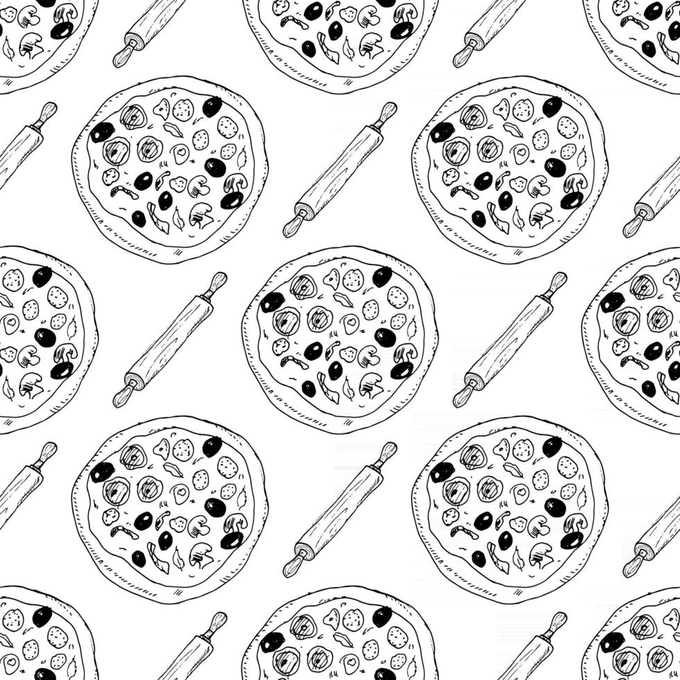 Pizza seamless pattern hand drawn sketch. Whole pizza and slice doodles Food background. Vector illustration