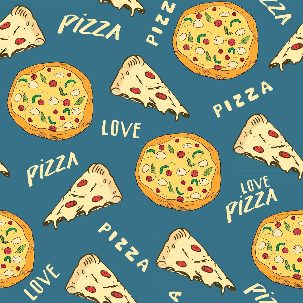 Pizza seamless pattern hand drawn sketch. Whole pizza and slice doodles Food background. Vector illustration