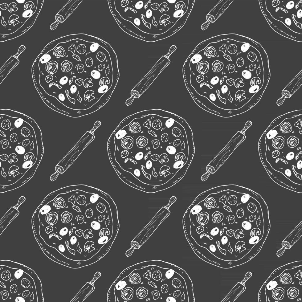 Pizza seamless pattern hand drawn sketch. Whole pizza and slice doodles Food background. Vector illustration