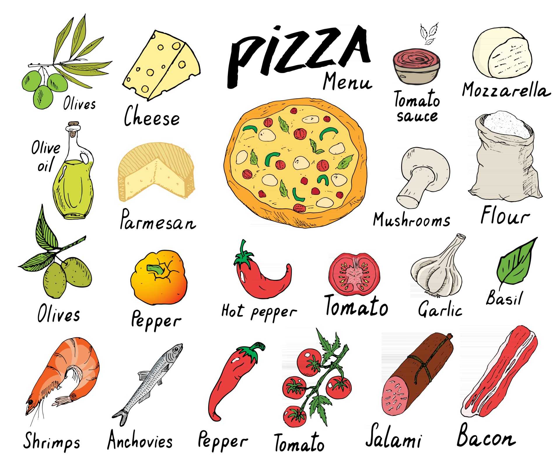 Pizza menu hand drawn sketch set. Pizza preparation design template