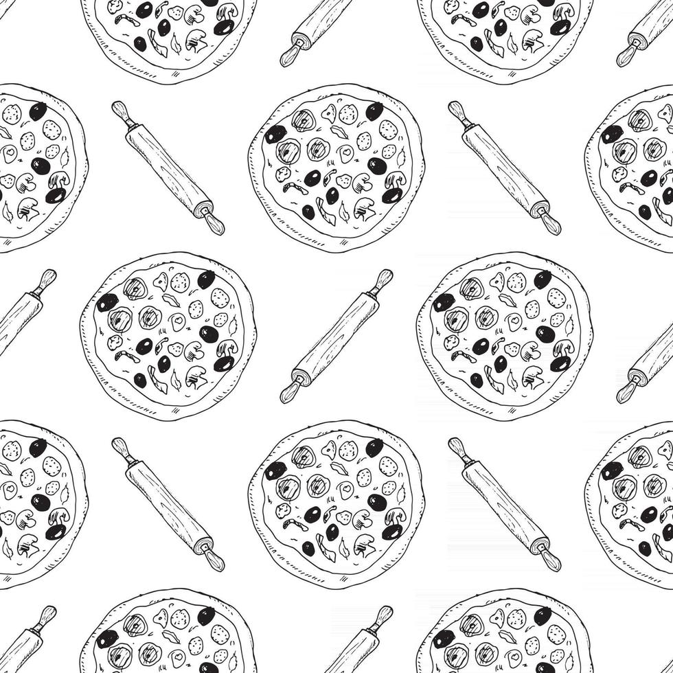 pizza de patrones sin fisuras boceto dibujado a mano. pizza entera y rebanada garabatos fondo de alimentos. ilustración vectorial vector
