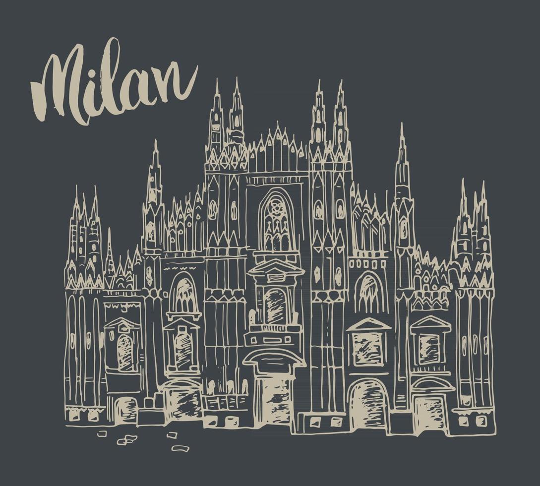 Duomo cathedral in Milan, Italy. Hand drawn sketch of Italian famous church building with lettering Milan, vector illustration isolated on white background.