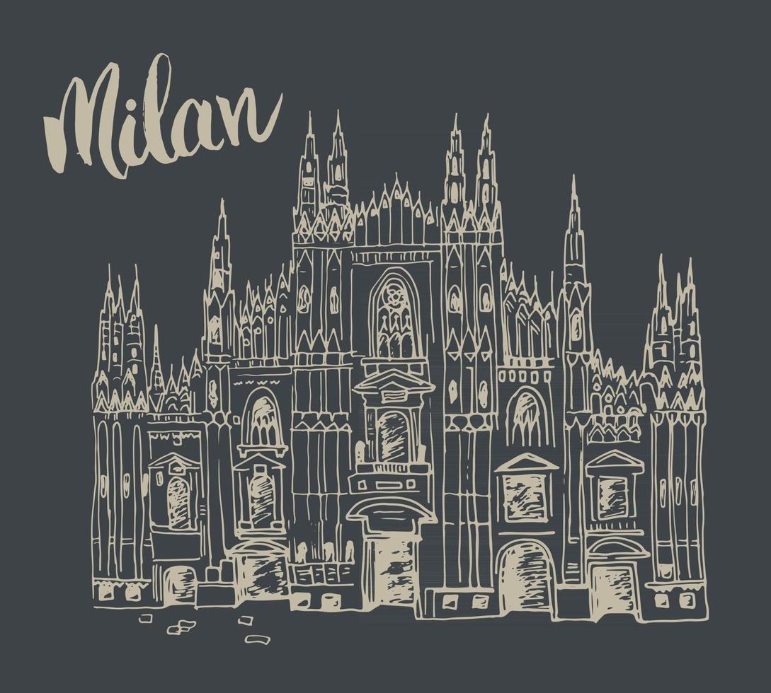 Catedral del Duomo de Milán, Italia. Boceto dibujado a mano del famoso edificio de la iglesia italiana con letras Milán, ilustración vectorial aislado sobre fondo blanco. vector