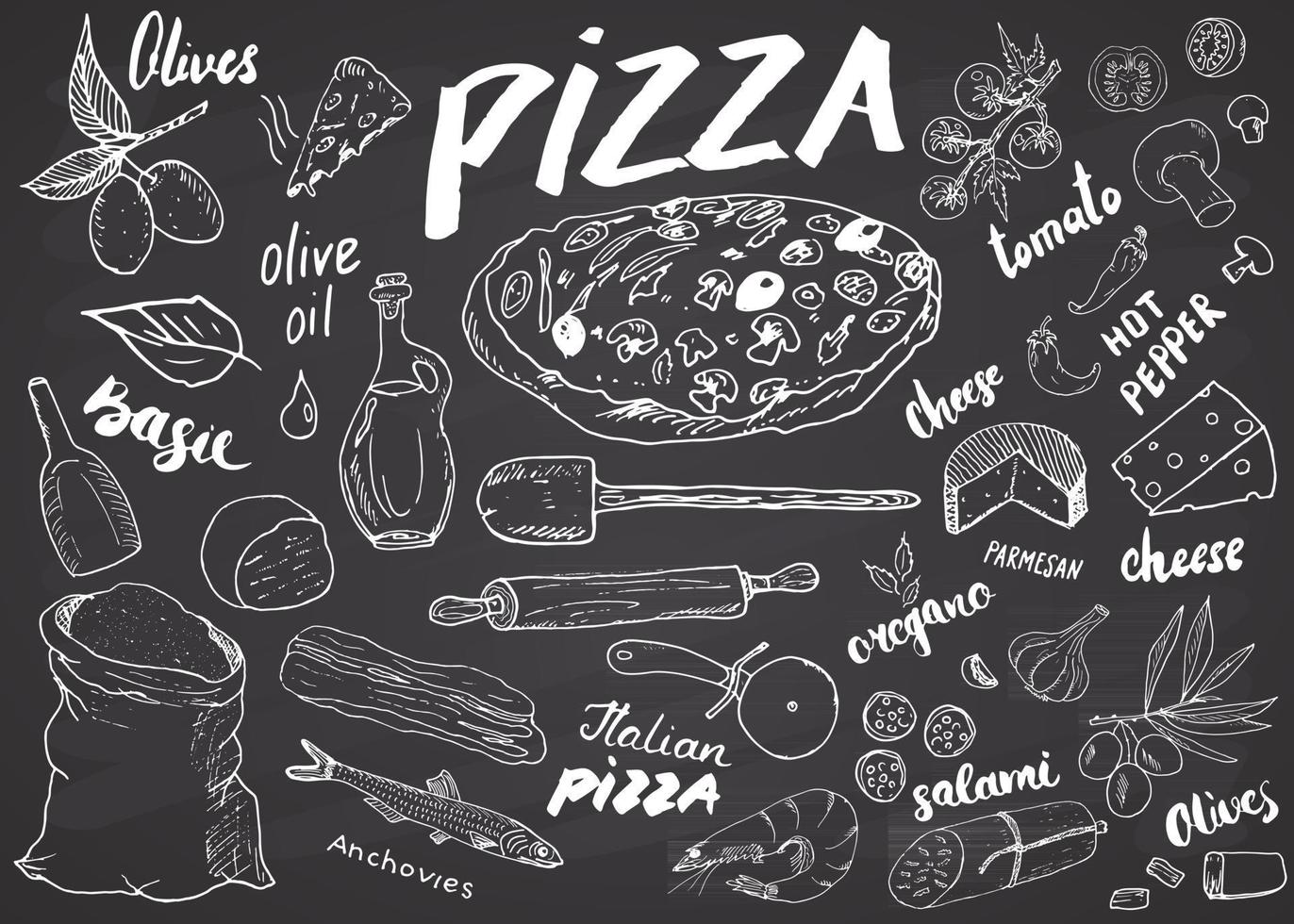 Menú de pizza conjunto de croquis dibujados a mano Plantilla de diseño de preparación de pizza con queso, aceitunas, salami, champiñones, tomates, harina y otros ingredientes. ilustración vectorial aislado sobre fondo blanco. vector