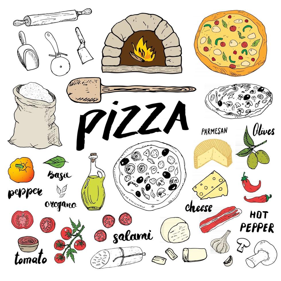 Menú de pizza conjunto de croquis dibujados a mano Plantilla de diseño de preparación de pizza con queso, aceitunas, salami, champiñones, tomates, harina y otros ingredientes. ilustración vectorial aislado sobre fondo blanco. vector