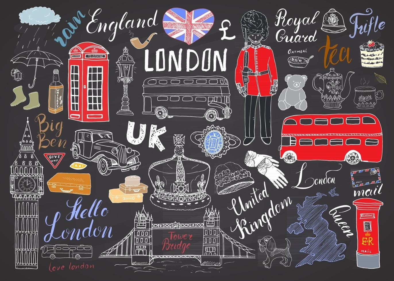 Colección de elementos de garabatos de la ciudad de Londres. conjunto dibujado a mano con puente de la torre, corona, big ben, guardia real, autobús y taxi rojos, mapa y bandera del Reino Unido, tetera, letras, ilustración vectorial aislada vector