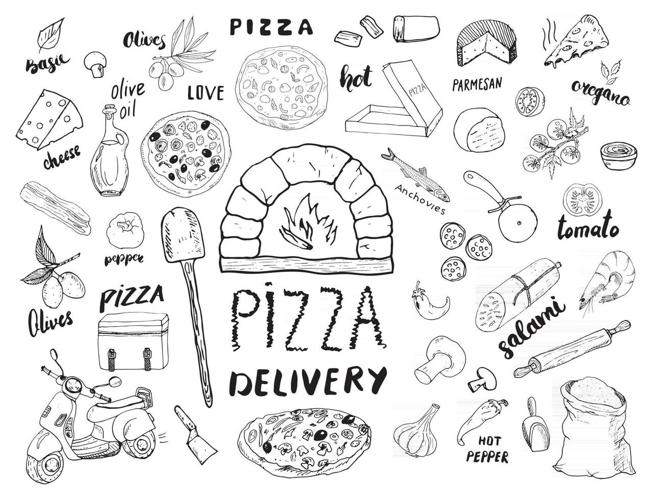 Pizza menu hand drawn sketch set. Pizza preparation design template with cheese, olives, salami, mushrooms, tomatoes, flour and other ingredients. vector illustration isolated on white background