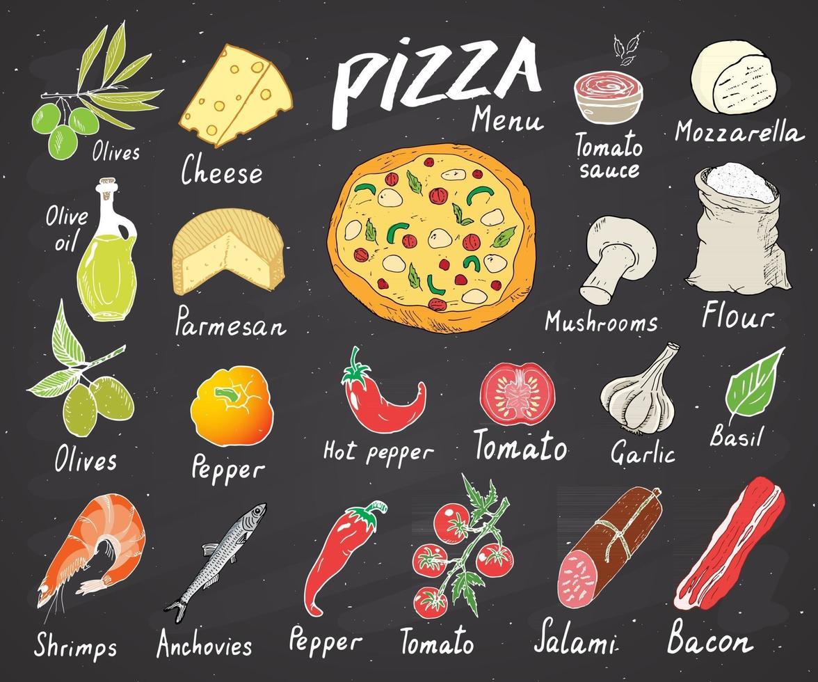 Pizza menu hand drawn sketch set. Pizza preparation design template with cheese, olives, salami, mushrooms, tomatoes, flour and other ingredients. vector illustration isolated on white background