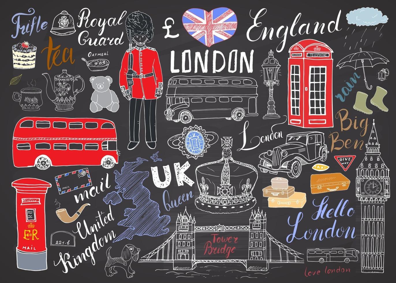 Colección de elementos de garabatos de la ciudad de Londres. conjunto dibujado a mano con puente de la torre, corona, big ben, guardia real, autobús y taxi rojos, mapa y bandera del Reino Unido, tetera, letras, ilustración vectorial aislada vector