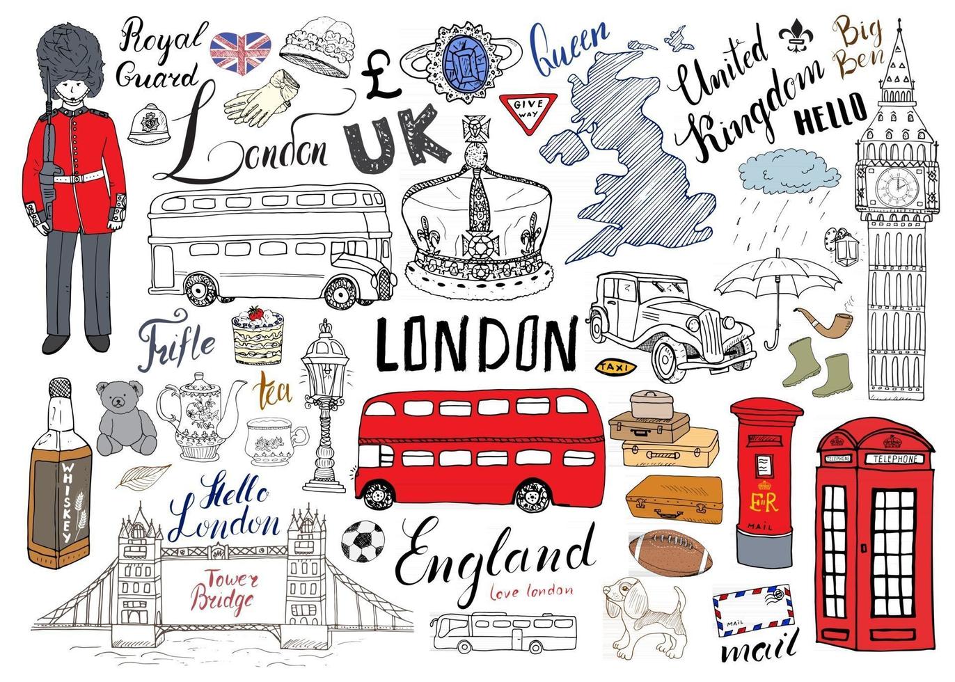 London city doodles elements collection. Hand drawn set with, tower bridge, crown, big ben, royal guard, red bus and cab, UK map and flag, tea pot, lettering, vector illustration isolated