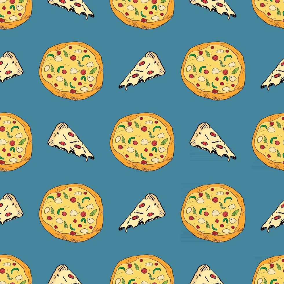 Pizza seamless pattern hand drawn sketch. Whole pizza and slice doodles Food background. Vector illustration