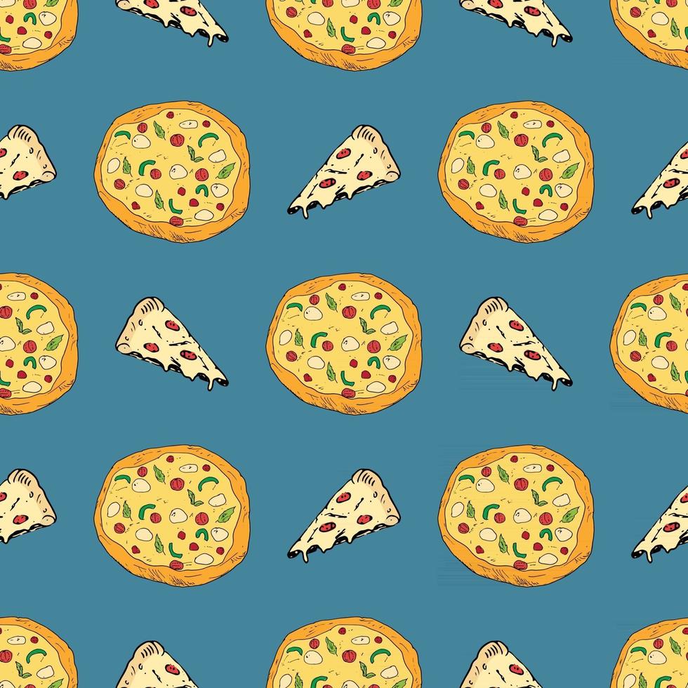 Pizza seamless pattern hand drawn sketch. Whole pizza and slice doodles Food background. Vector illustration