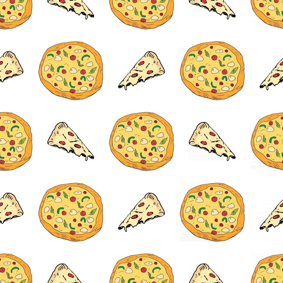 Pizza seamless pattern hand drawn sketch. Whole pizza and slice doodles Food background. Vector illustration