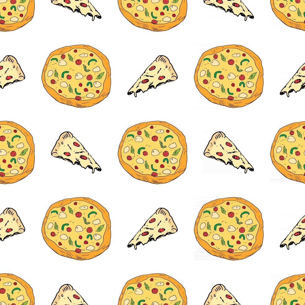 Pizza seamless pattern hand drawn sketch. Whole pizza and slice doodles Food background. Vector illustration