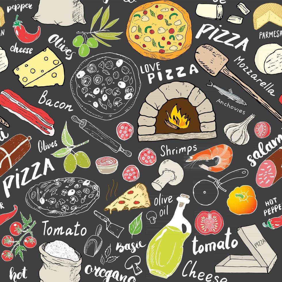 Pizza seamless pattern hand drawn sketch. Pizza Doodles Food background with flour and other food ingredients, oven and kitchen tools. Vector illustration