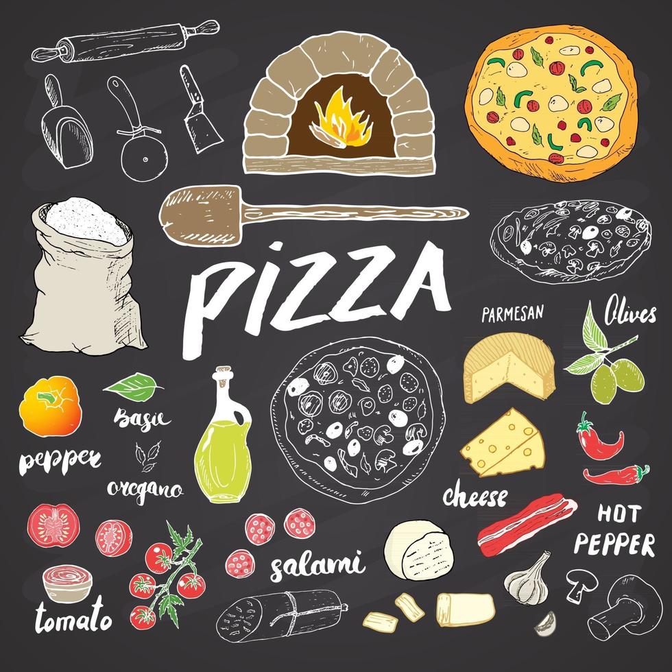 Pizza menu hand drawn sketch set. Pizza preparation design template with cheese, olives, salami, mushrooms, tomatoes, flour and other ingredients. vector illustration isolated on white background