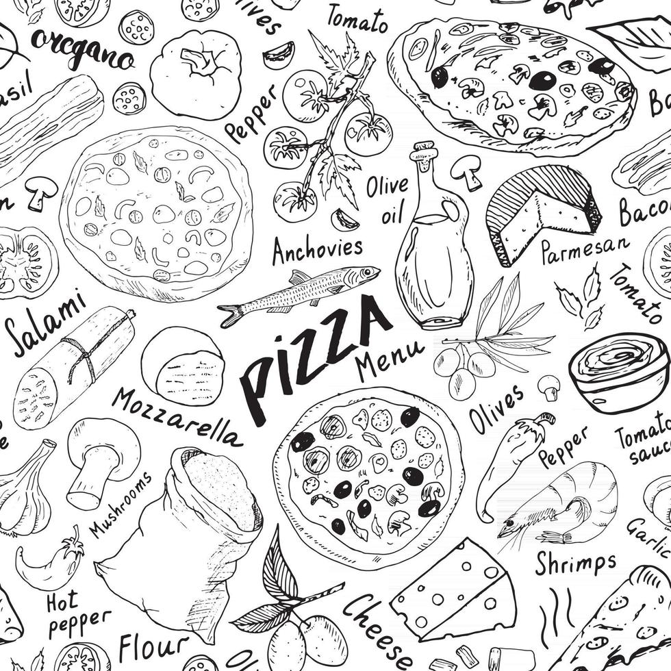 Pizza seamless pattern hand drawn sketch. Pizza Doodles Food background with flour and other food ingredients, oven and kitchen tools. Vector illustration