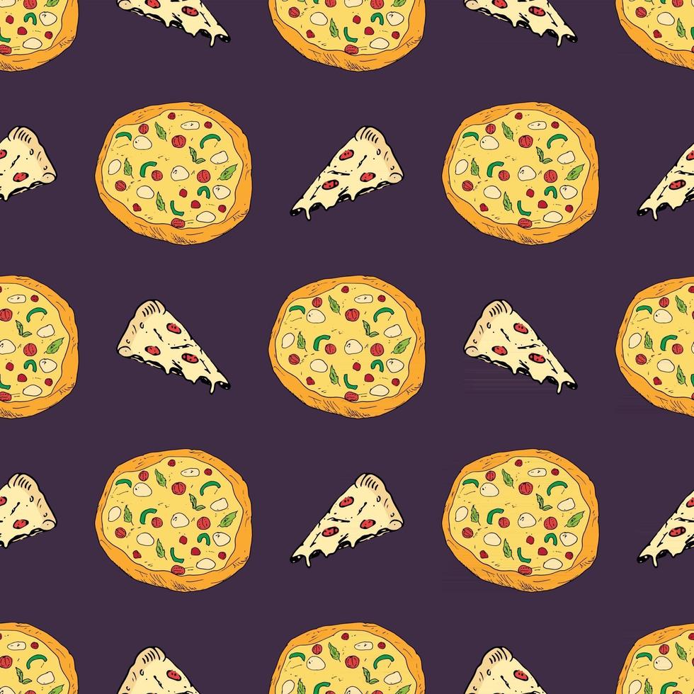 Pizza seamless pattern hand drawn sketch. Whole pizza and slice doodles Food background. Vector illustration