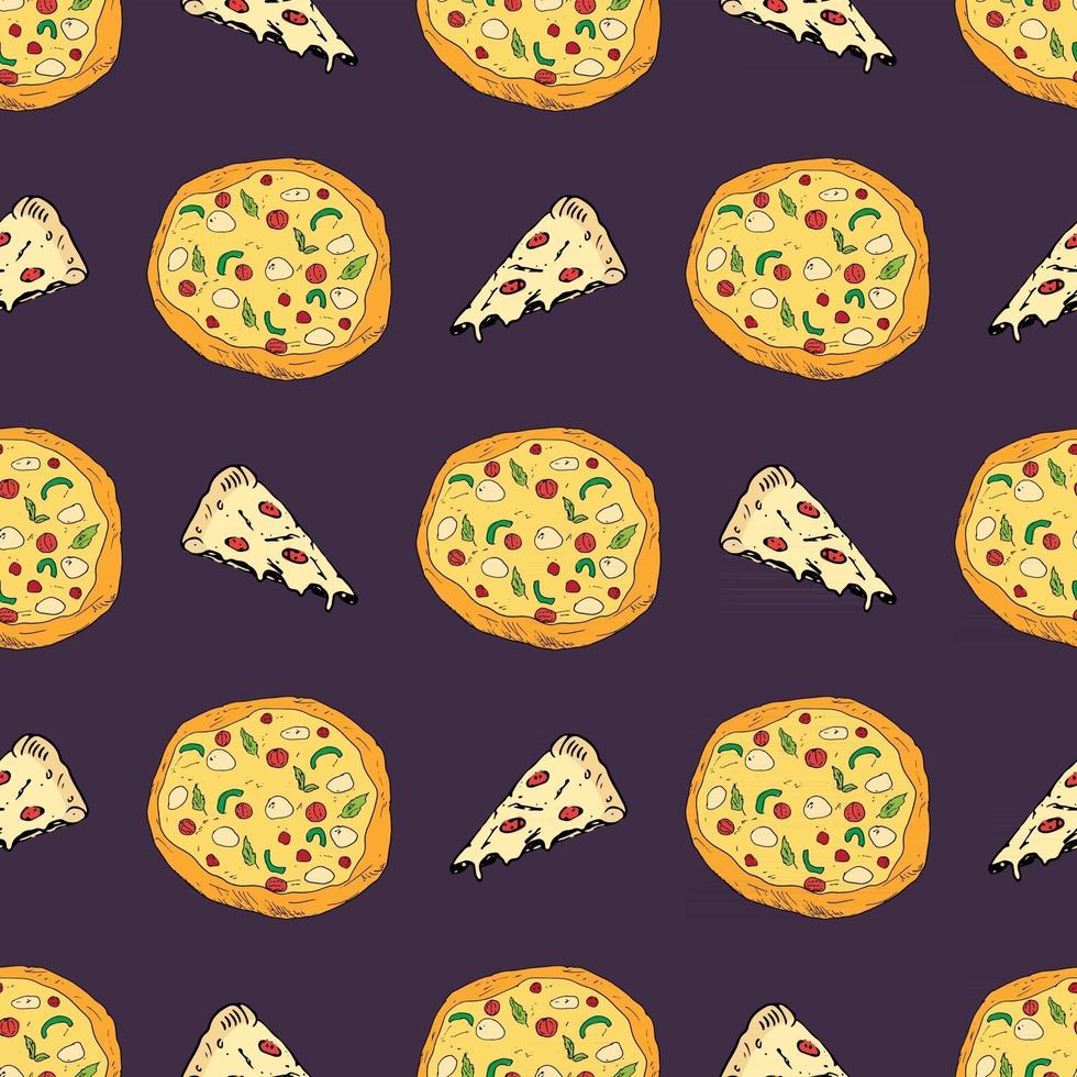 pizza de patrones sin fisuras boceto dibujado a mano. pizza entera y rebanada garabatos fondo de alimentos. ilustración vectorial vector