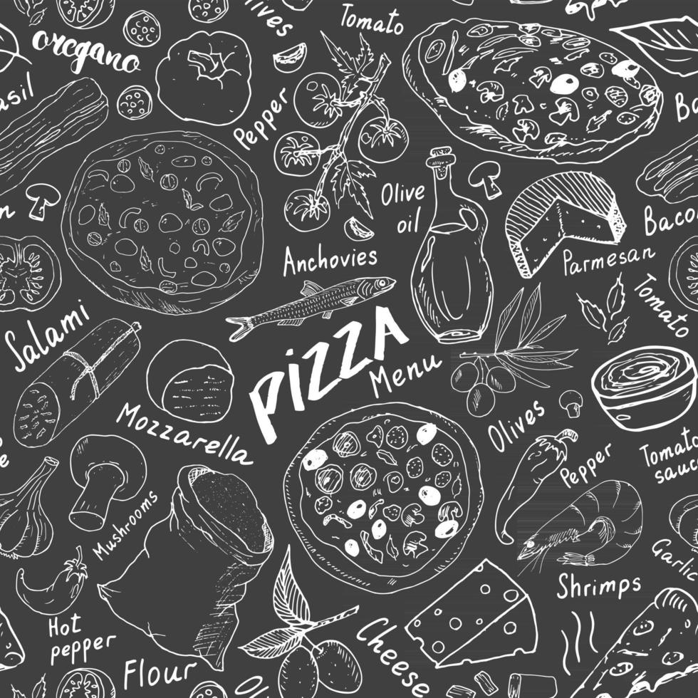 pizza de patrones sin fisuras boceto dibujado a mano. Fondo de comida de garabatos de pizza con harina y otros ingredientes alimentarios, horno y utensilios de cocina. ilustración vectorial vector