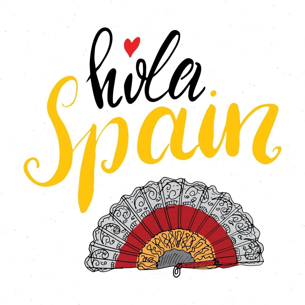 Hello Spain hand drawn greeting card with lettering and sketched rose. Vector illustration isolated on white background