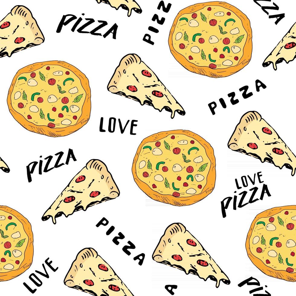 Pizza seamless pattern hand drawn sketch. Whole pizza and slice doodles Food background. Vector illustration