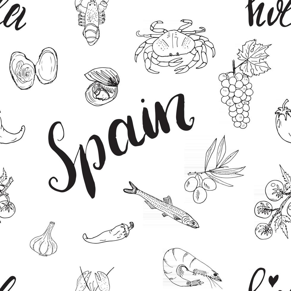 Spain seamless pattern doodle elements, Hand drawn sketch spanish food shrimps, olives, grape, flag and lettering. vector illustration background.