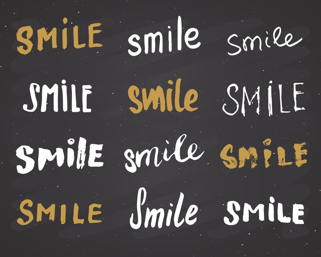 Smile letterings handwritten signs set, Hand drawn grunge calligraphic text. Vector illustration