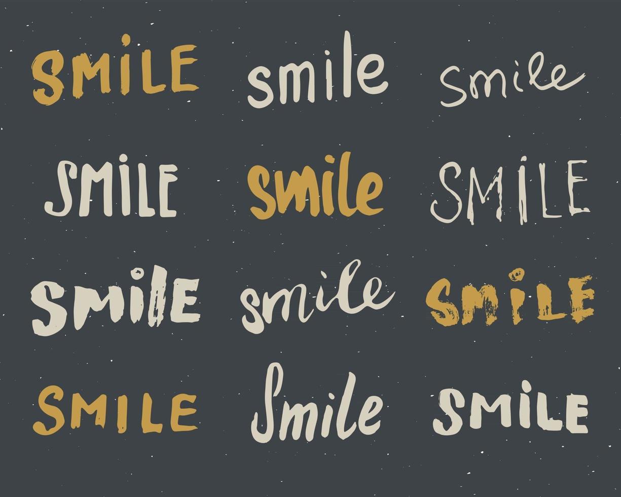 Smile letterings handwritten signs set, Hand drawn grunge calligraphic text. Vector illustration