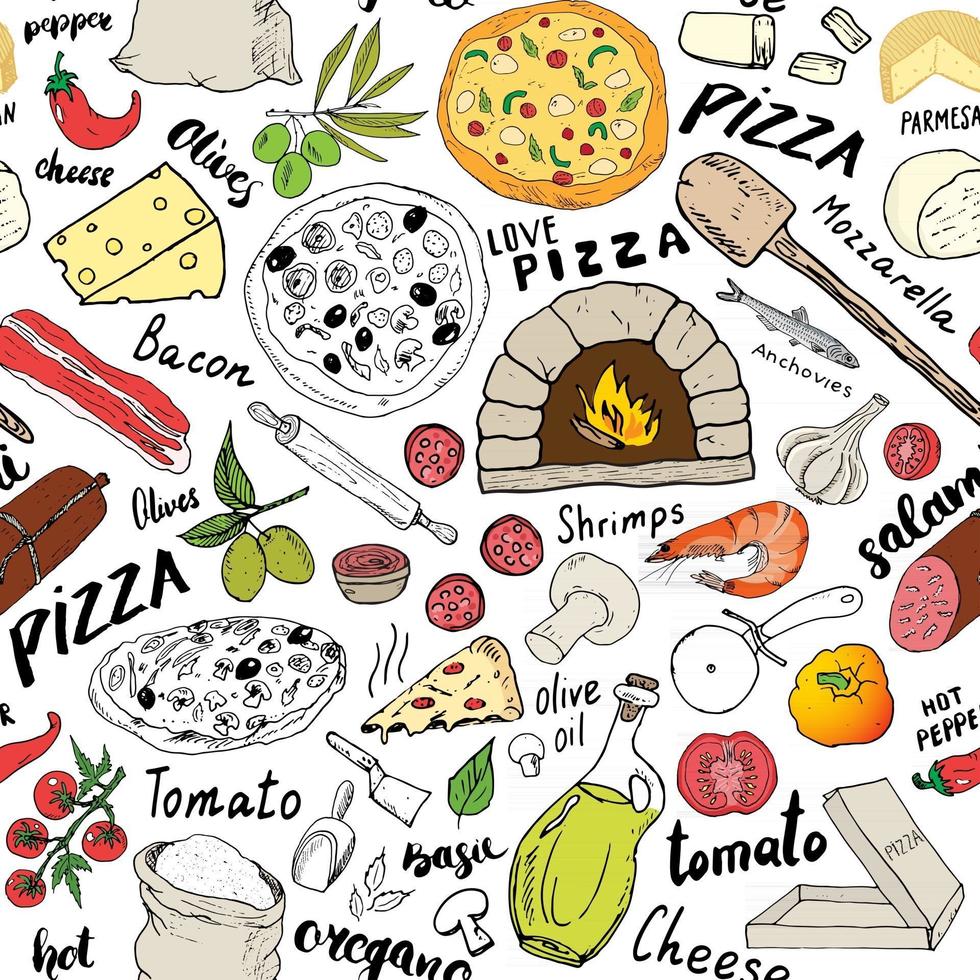 Pizza seamless pattern hand drawn sketch. Pizza Doodles Food background with flour and other food ingredients, oven and kitchen tools. Vector illustration