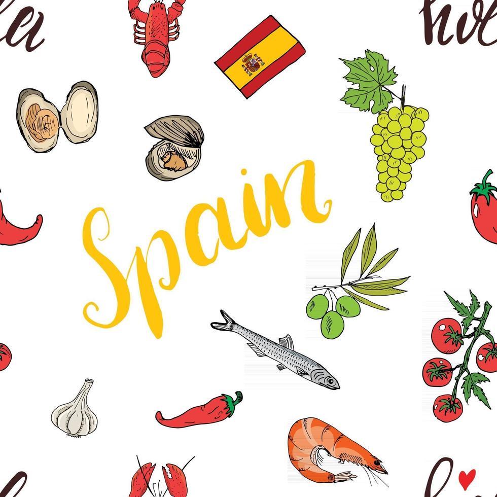 Spain seamless pattern doodle elements, Hand drawn sketch spanish food shrimps, olives, grape, flag and lettering. vector illustration background.