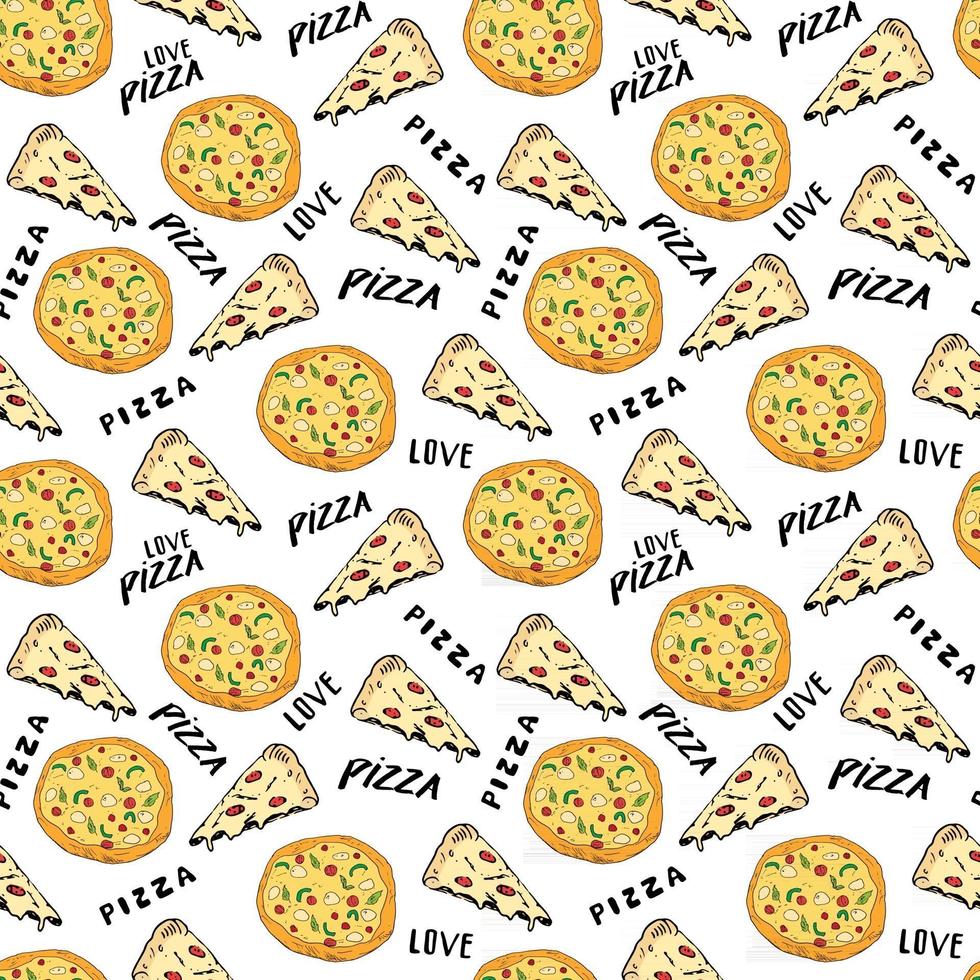 Pizza seamless pattern hand drawn sketch. Whole pizza and slice doodles Food background. Vector illustration