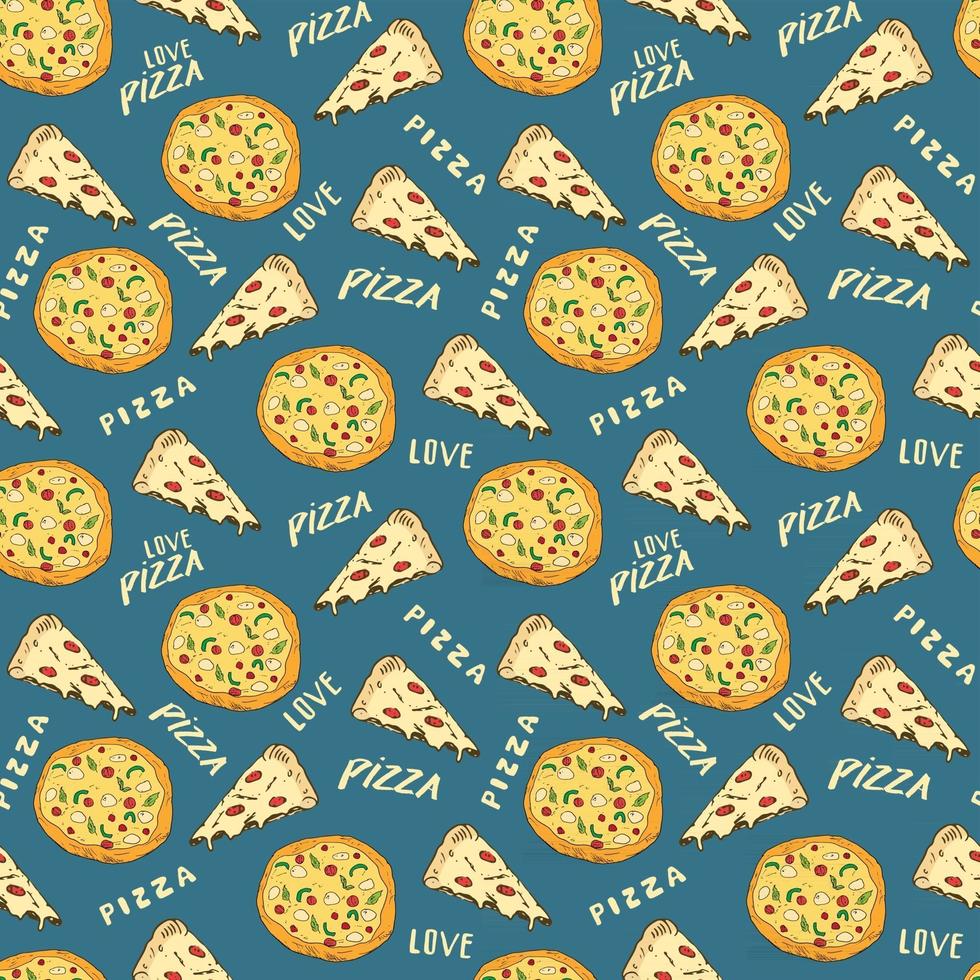 Pizza seamless pattern hand drawn sketch. Whole pizza and slice doodles Food background. Vector illustration