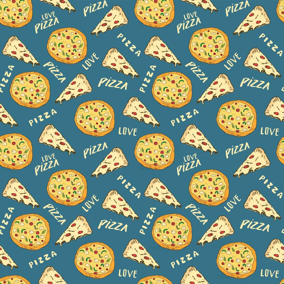 pizza de patrones sin fisuras boceto dibujado a mano. pizza entera y rebanada garabatos fondo de alimentos. ilustración vectorial vector